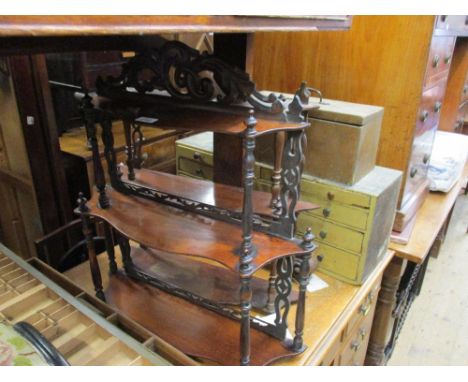 Two late 19th / early 20th Century mahogany three shelf wall brackets with turned and carved decoration (one at fault), toget