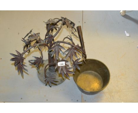 Copper palm tree finial, together with a brass and iron saucepan