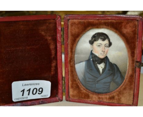 Regency miniature watercolour portrait of a gentleman, housed in a red leather travel frame   CONDITION REPORT  Good conditio