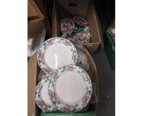 Box containing a Copeland part dinner and tea service of Chinese Rose pattern and a quantity of Royal Doulton Floradora and S