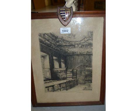 A. Williams artist signed etching, view in the library at Pembroke College with enamelled college crest mounted to the top of