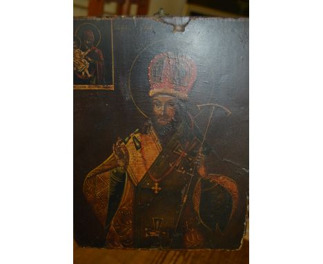 Antique Russian icon, portrait of saint with inset portrait of the Madonna and child, 10.5ins x 8ins