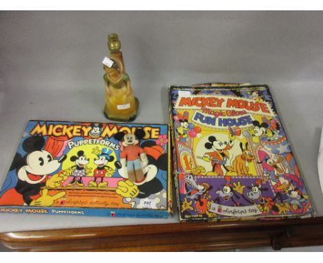 Two Mickey Mouse boxed play sets, together with a Snow White composite table lamp