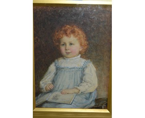 Gilt framed watercolour, portrait of a seated child with a book, indistinctly monogrammed and dated 1896, possibly E. R. Hugh