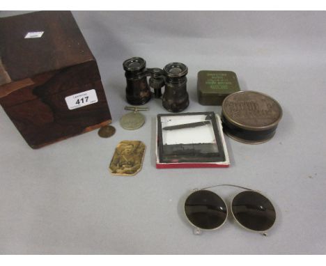 19th Century rosewood tea caddy containing a quantity of miscellaneous items including a circular French Revolution box, mili