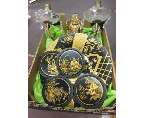 Oriental papier mache dish decorated with figures and buildings, together with four chinoiserie decorated chair back plaques 