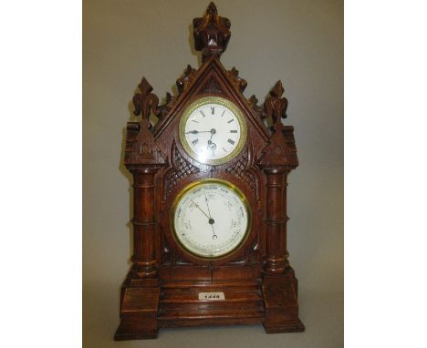 Victorian oak Gothic revival table clock / barometer / thermometer, 19.25ins high