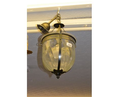 Pair of modern metal and glass ceiling lamps and another silvered and glass ceiling lamp