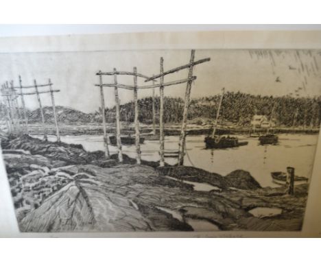 R. Craig-Wallace, three signed etchings, dockyard scene, harbour and coastal view, all unframed