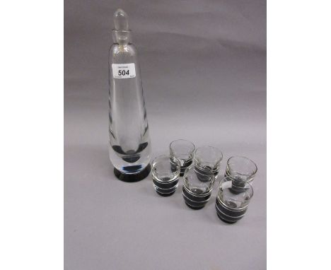 Orrefors clear and black glass spirit decanter with stopper, signed to base together with a set of six matching glasses, unsi