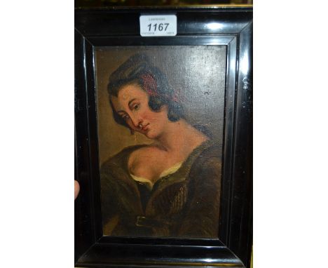 19th Century ebonised framed oil on panel, portrait of a young lady, 9ins x 5.5ins