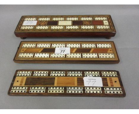 Three various 19th Century parquetry and bone inlaid cribbage boards