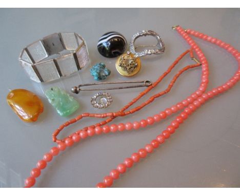 Small jade pendant, coral necklace, amber pendant, crystal bracelet and sundries CONDITION REPORT Banded agate is a semi sphe