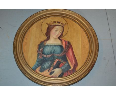 Louisa Fenn S.W.A., late 19th Century watercolour, portrait of St. Katherine, inscribed on label verso, circular gilt frame
