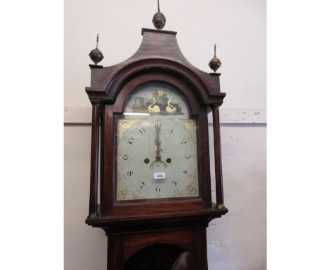 Early 19th Century mahogany longcase clock, the arched hood with turned pilasters above an arched door and plinth base, the p