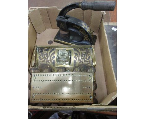 Art Nouveau rosewood and brass inlaid inkstand, letter press and cribbage board