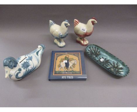 Two Rye pottery figures of chickens, Rye pottery tile, David Sharp figure of a duck and a dish