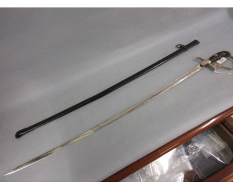 German Third Reich presentation sabre with etched blade and wirework grip, in a black metal scabbard