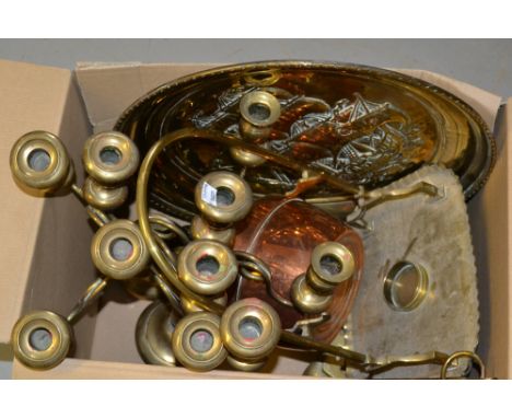 Box containing a pair of brass candelabra and miscellaneous other metalware