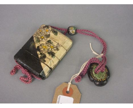 Japanese crackle glazed four section pottery inro with netsuke and ojime on a purple cord