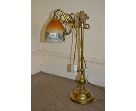 Early 20th Century brass table lamp with glass shade, copper kettle, warming pan and other brassware