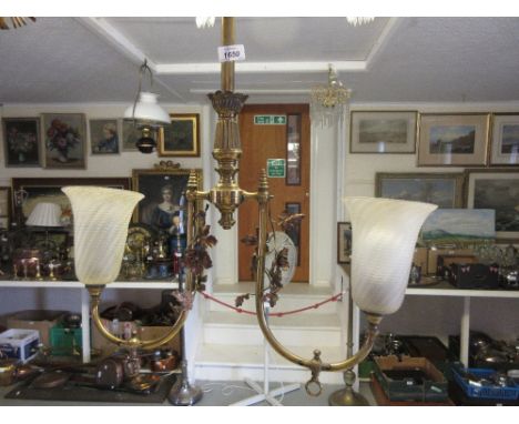 Gilt brass and copper twin branch hanging light with frosted glass shades