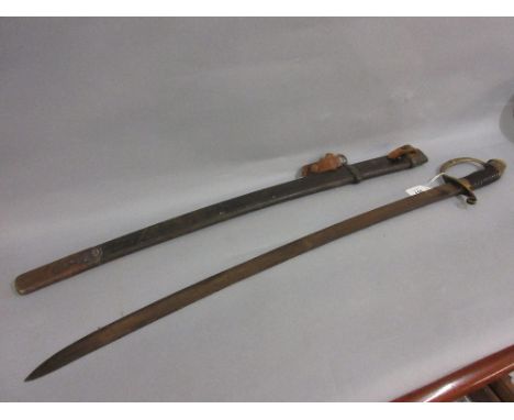 19th Century Russian sabre with steel blade, ribbed wooden grip, the brass hilt stamped with the initials J.C. in a brass mou