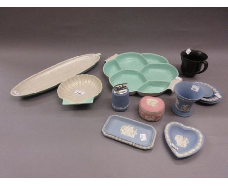 Three items of mid 20th Century Poole Pottery, various items of modern Wedgwood Jasperware and an antique terracotta two hand