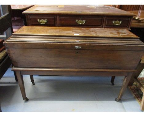 19th Century mahogany and line inlaid sarcophagus shaped box with hinged cover and brass ring side handles on an associated s