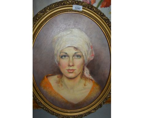 Oval 20th Century oil on card, head and shoulder portrait of a girl wearing a white scarf, gilt framed (at fault)