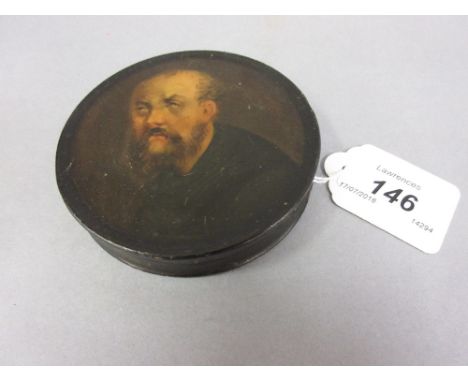 19th Century circular papier mache snuff box, the cover painted with the portrait of a bearded gentleman