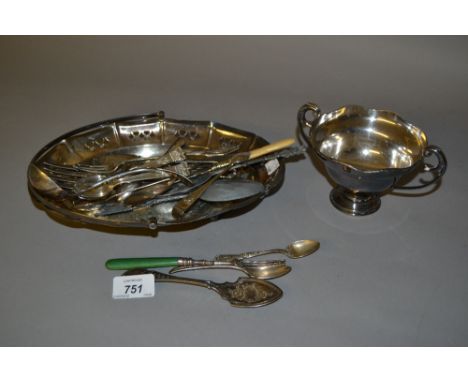 Silver preserve spoon, three other silver flatware items and a quantity of silver plated flatware, oval plated basket and two