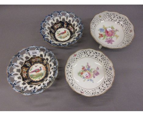 Pair of Dresden style pierced and floral decorated bowls, together with a pair of Worcester style basket form dishes decorate