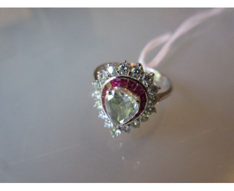 18ct White gold rose cut diamond and ruby ring   CONDITION REPORT  Modern ring. Ring size M.Main stone is approximately 1-1.5