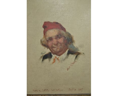 Albert W. Holden, signed oil on canvas board, portrait of a gentleman, probably a self portrait, inscribed as a gift from the
