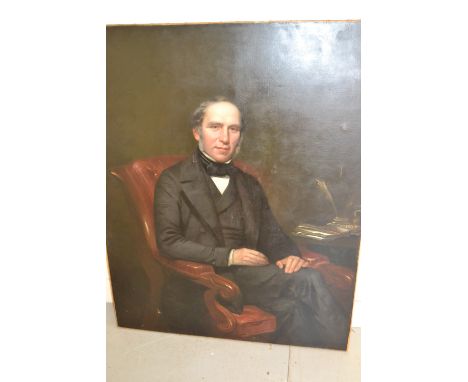 19th Century English school, oil on canvas, portrait of a Victorian gentleman seated in a button upholstered library chair, 5
