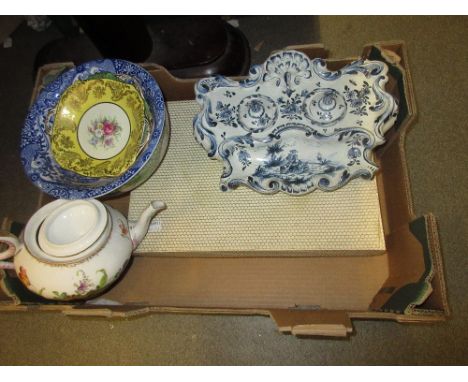 French blue and white pottery inkstand, a Dresden porcelain teapot (finial at fault), two Copeland fruit bowls, two Paragon d