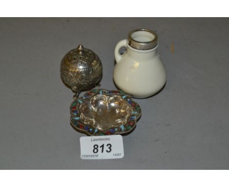 Shaped circular silver and enamel trinket dish, a white metal pepper and a silver mounted porcelain jug