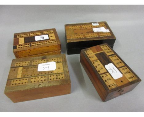 Four various parquetry inlaid folding cribbage boards