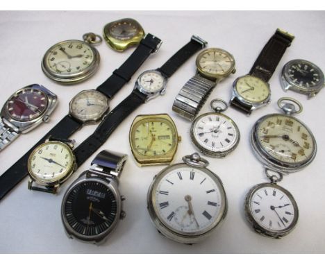 Silver cased open face pocket watch with subsidiary seconds, two silver cased fob watches, a chrome cased pocket watch and an