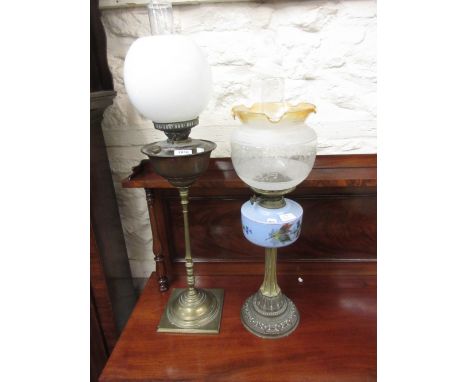 Late 19th / early 20th Century oil lamp with brass and copper well, having opaque glass shade together with another brass and