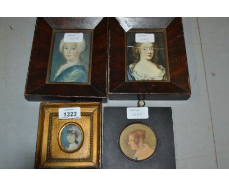 Two watercolour miniature portraits of ladies, together with a pair of framed miniature portrait prints