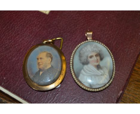 Early 19th Century oval miniature watercolour portrait of a lady, gilt and seed pearl framed, together with another miniature