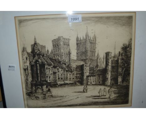 William Renison, artist signed etching, town square with cathedral in the background, 11ins x 12.5ins, framed