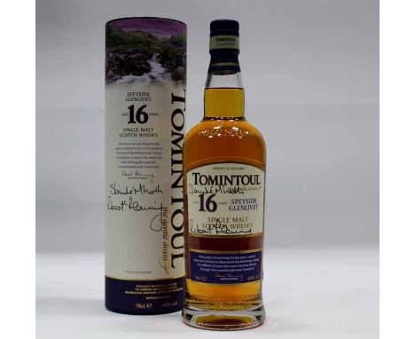 TOMINTOUL 16 YEAR OLD
Single Speyside Malt Whisky, Signed by Master Distiller Robert Fleming, 70cl, 40% volume, in tube. 