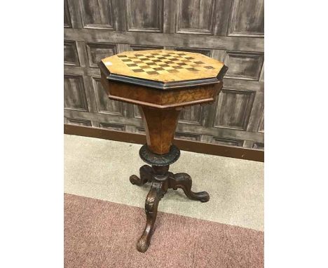 VICTORIAN WALNUT GAMES/WORK TABLEthe hinged lid of octagonal form and parquetry inlaid with chess/draughts board, opening to 