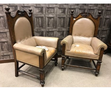PAIR OF OAK FRAMED ARMCHAIRSeach with carved broken swan neck top rail, with button back and scroll arms, upholstered in beig