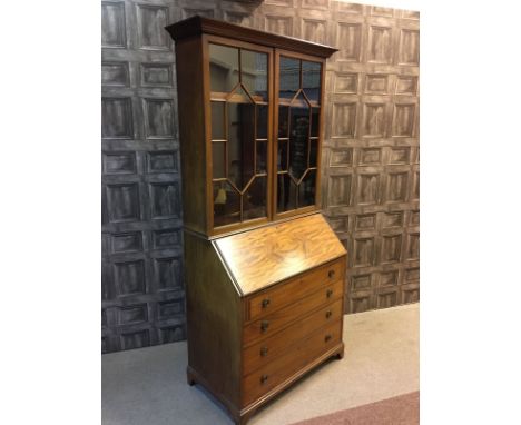 EDWARDIAN MAHOGANY BUREAU BOOKCASEwith moulded cornice above two astragal glazed doors, enclosing interior with two adjustabl