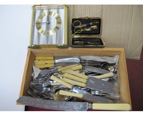 London Clock Co Mantle Clock 13cm wide, James Gill &amp; Sons advertising bread knife, other cutlery, manicure set.