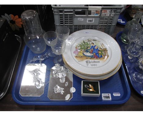 Swarovski Figures, (faults noted) and brooch, Worcester Christmas plates, glassware:- One Tray.